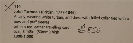 John Turmeau (1777-1846) Miniature of a lady wearing a white turban and white dress 3 x 2.5in., red leather cased